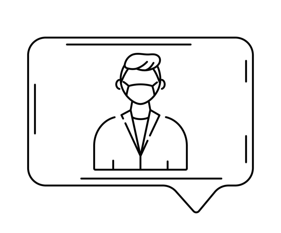 Vector isolated line medical icon. Bubble speech symbol with a doctor or nurse wearing a face mask.