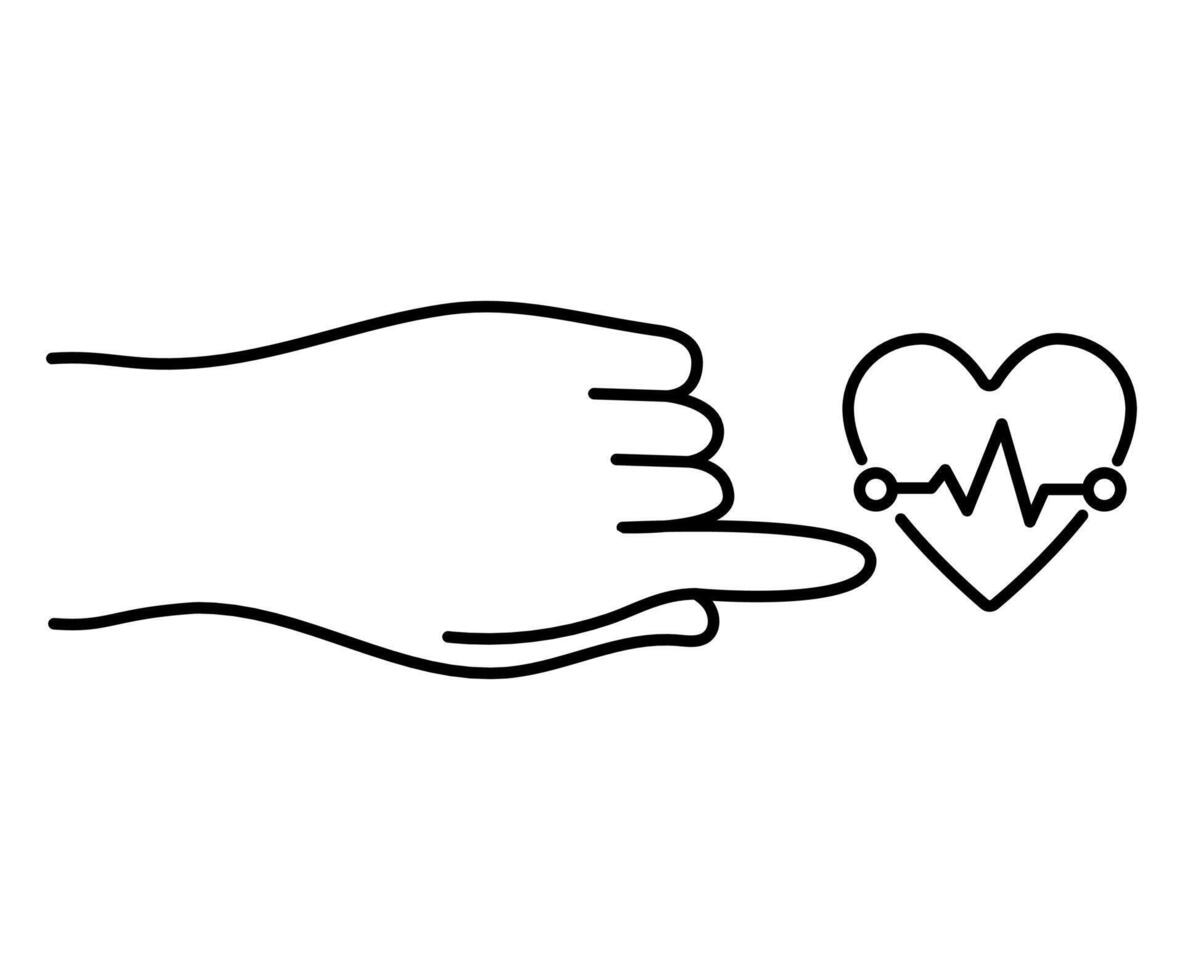 Vector isolated medical line icon, human hand touching heart symbol with cardiogram.