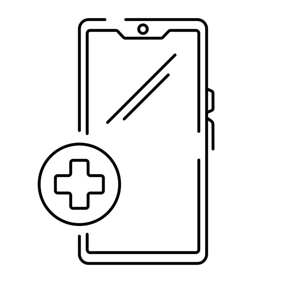 vector aislado línea icono, teléfono inteligente con cruzar icono, moderno digital en línea medicamento. vocación un médico a hogar y un ambulancia.