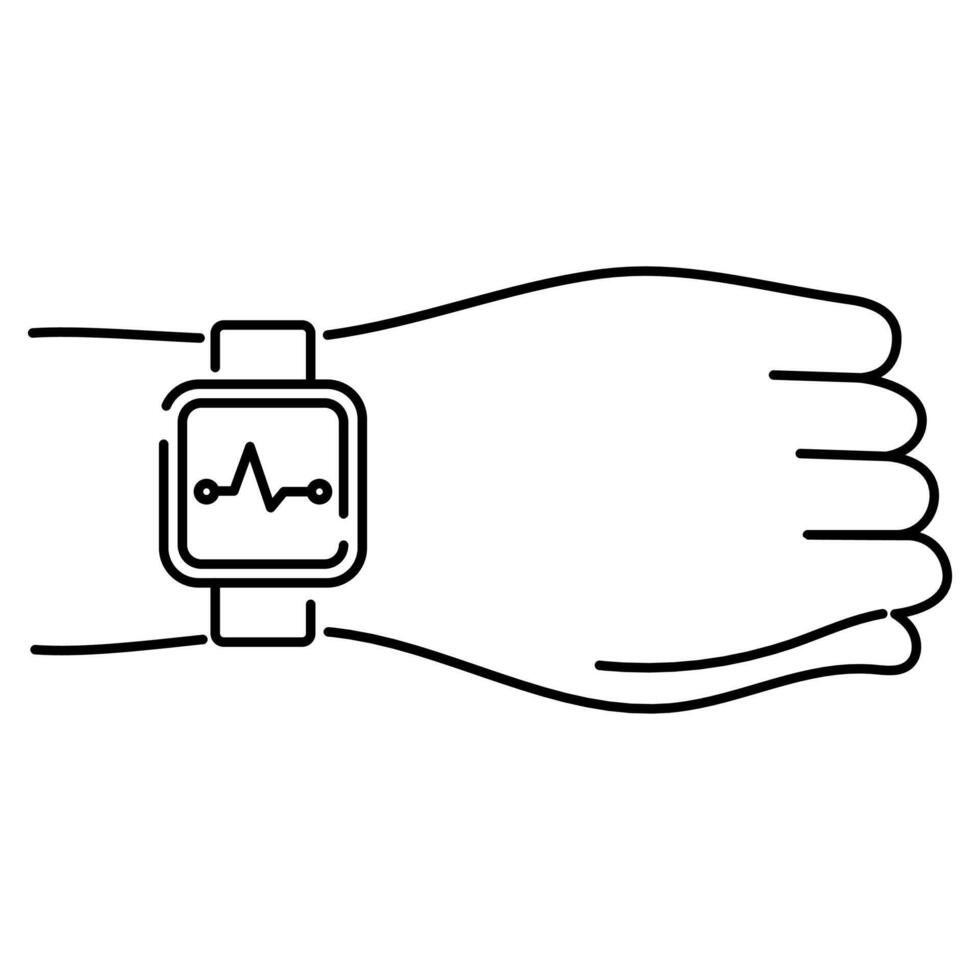Vector line icon, man hand with a smart watch. Fitness bracelet, measuring pulse or pressure.