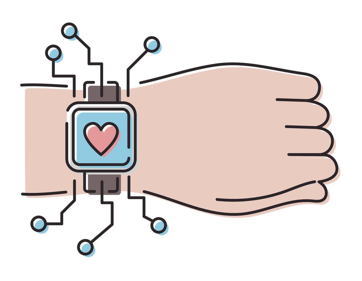 Vector isolated line icon. Human hand with a smart watch, fitness bracelet with a heart symbol.