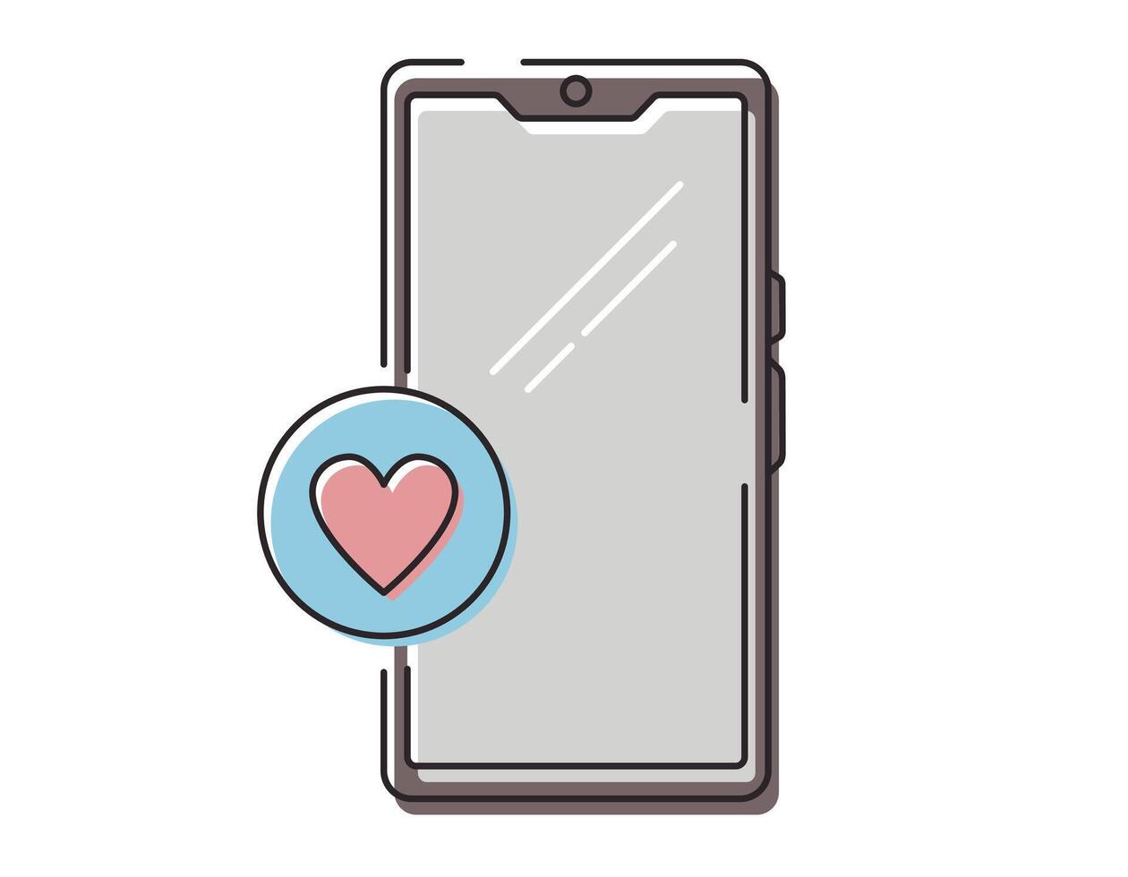 Vector isolated line icon, smartphone with heart icon. Love chat symbol, online communication.