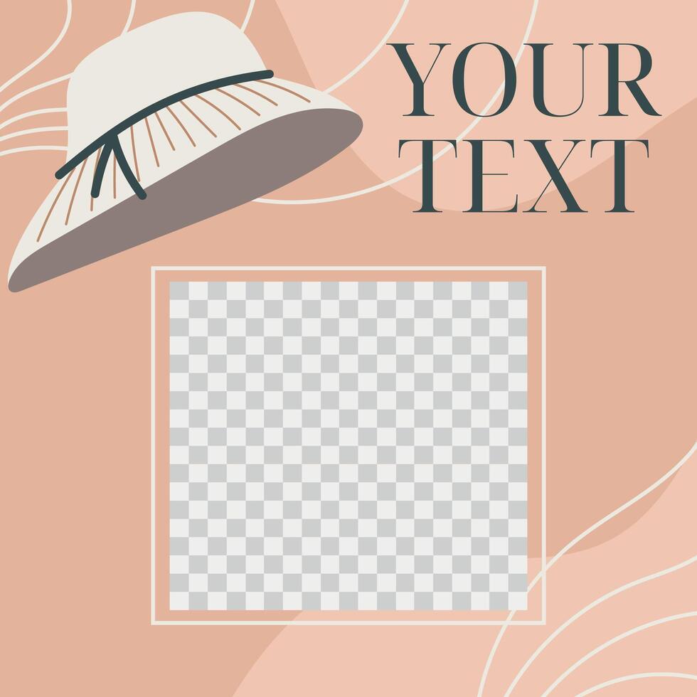 Square post template for social media. Fashionable vector advertising banner, women summer hat.