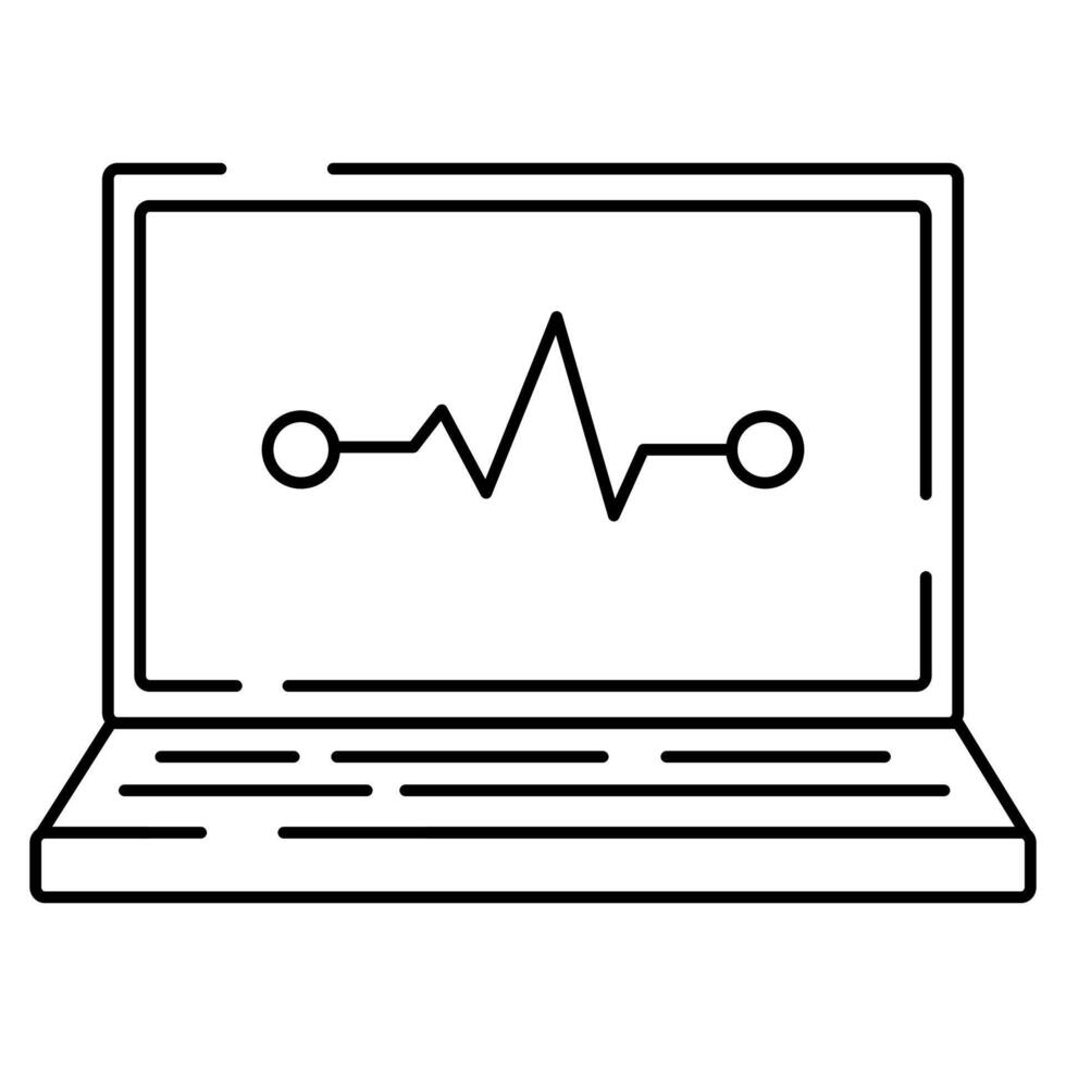 Vector isolated line icon of laptop with cardiogram symbol. Online medicine and ambulance.