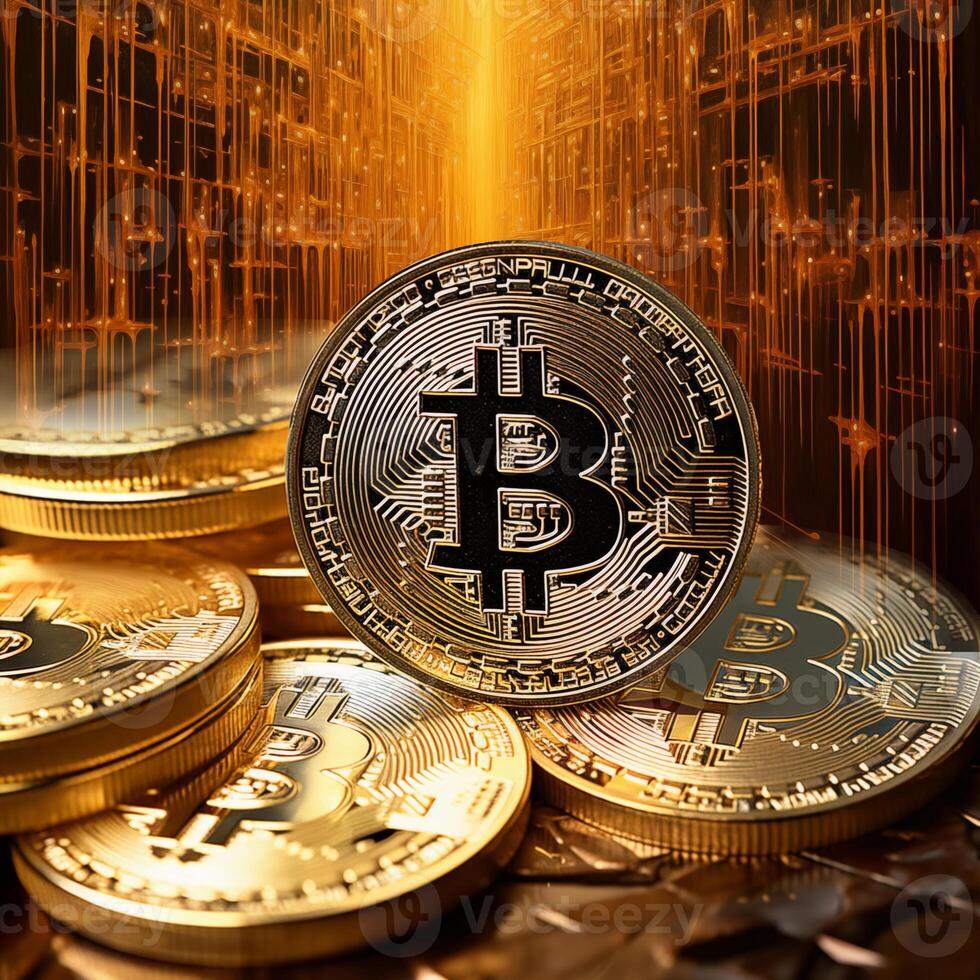 AI generated Bitcoin coins on a golden background. photo