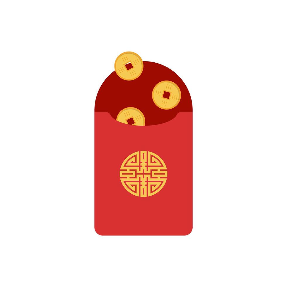 Chinese angpao vector illustration. Traditional red envelope with coins, money for Chinese New Year, birthday, wedding and other holidays. Flat illustration.
