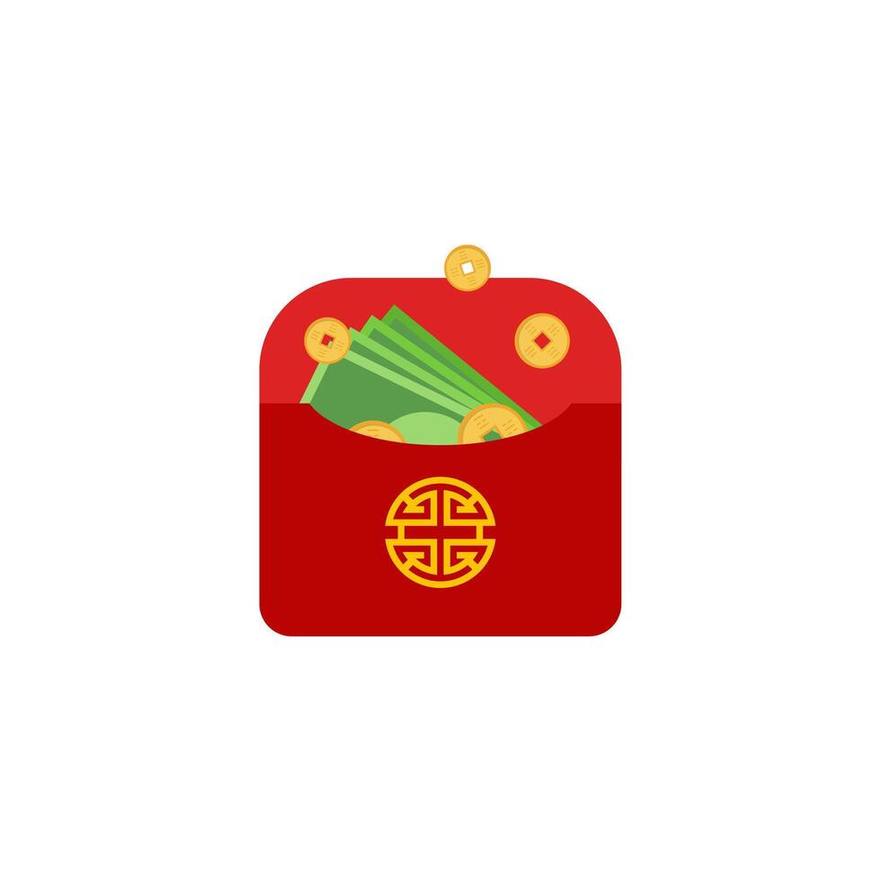 Chinese angpao vector illustration. Traditional red envelope with coins, money for Chinese New Year, birthday, wedding and other holidays. Flat illustration.