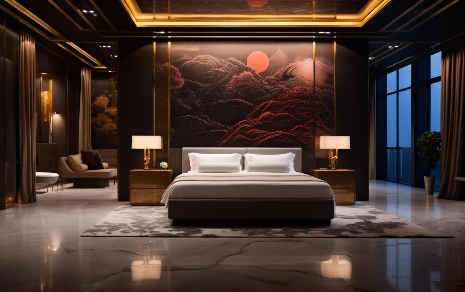 ai generado 3d representación hermosa contemporánea lujo dormitorio suite en hotel con televisión foto