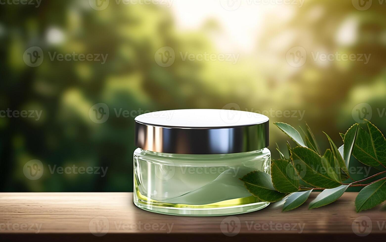 AI generated Photo cosmetic cream product on a table behind natural forest shining background