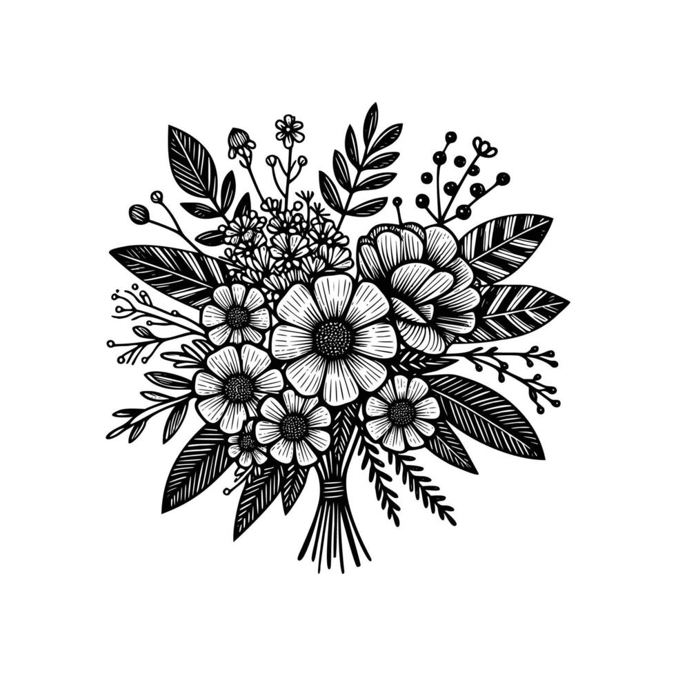 black and white flowers hand drawn vector illustration isolated white background