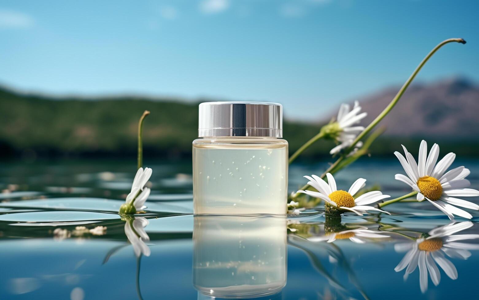 AI generated Photo cosmetic  perfume product on the water behind blur mountain background