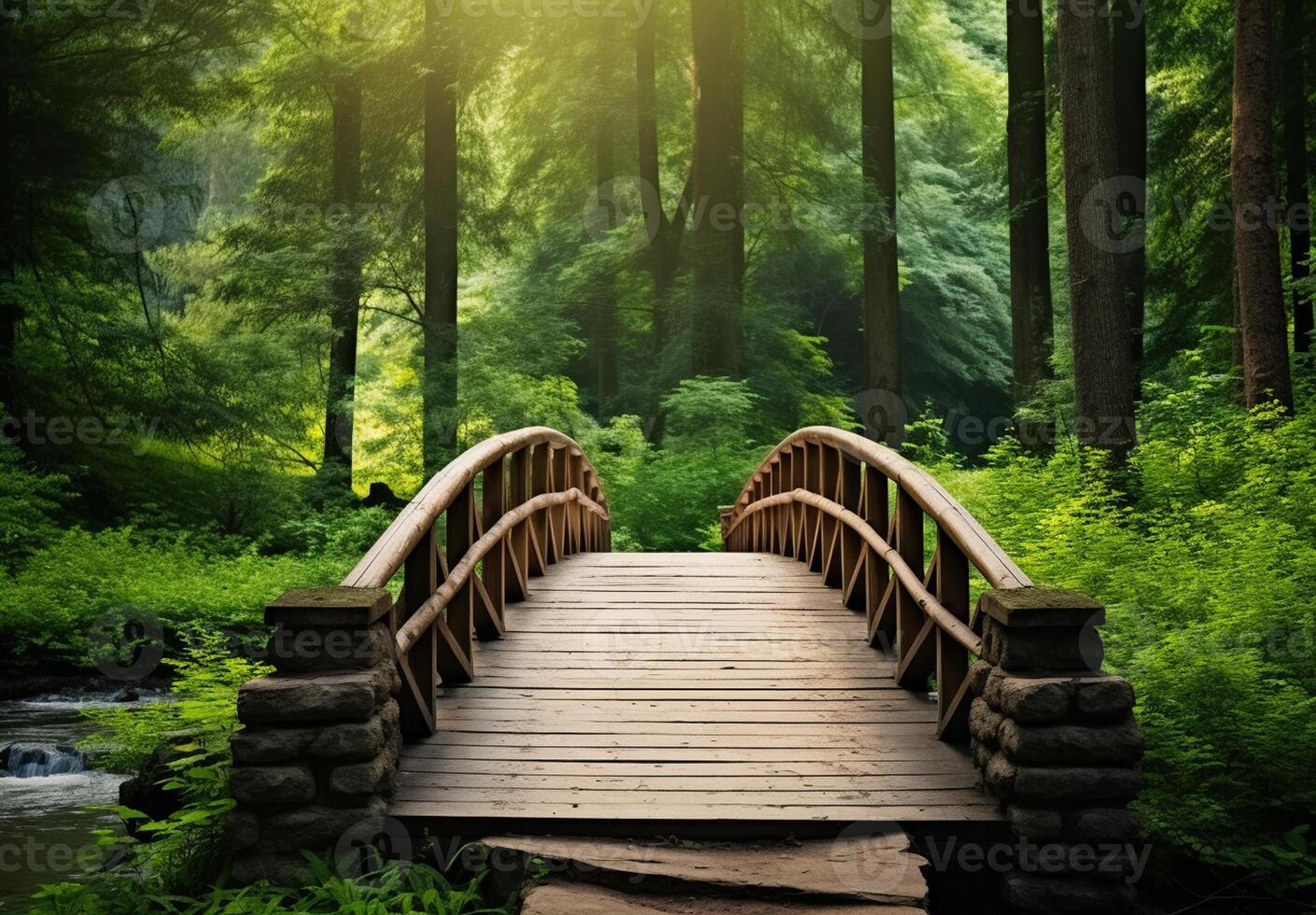 ai generado un puente terminado un río en un bosque foto