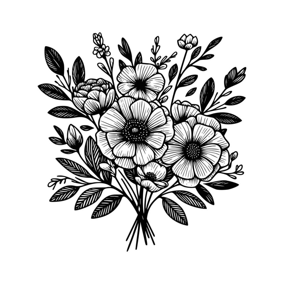 negro y blanco flores mano dibujado vector ilustración aislado blanco antecedentes