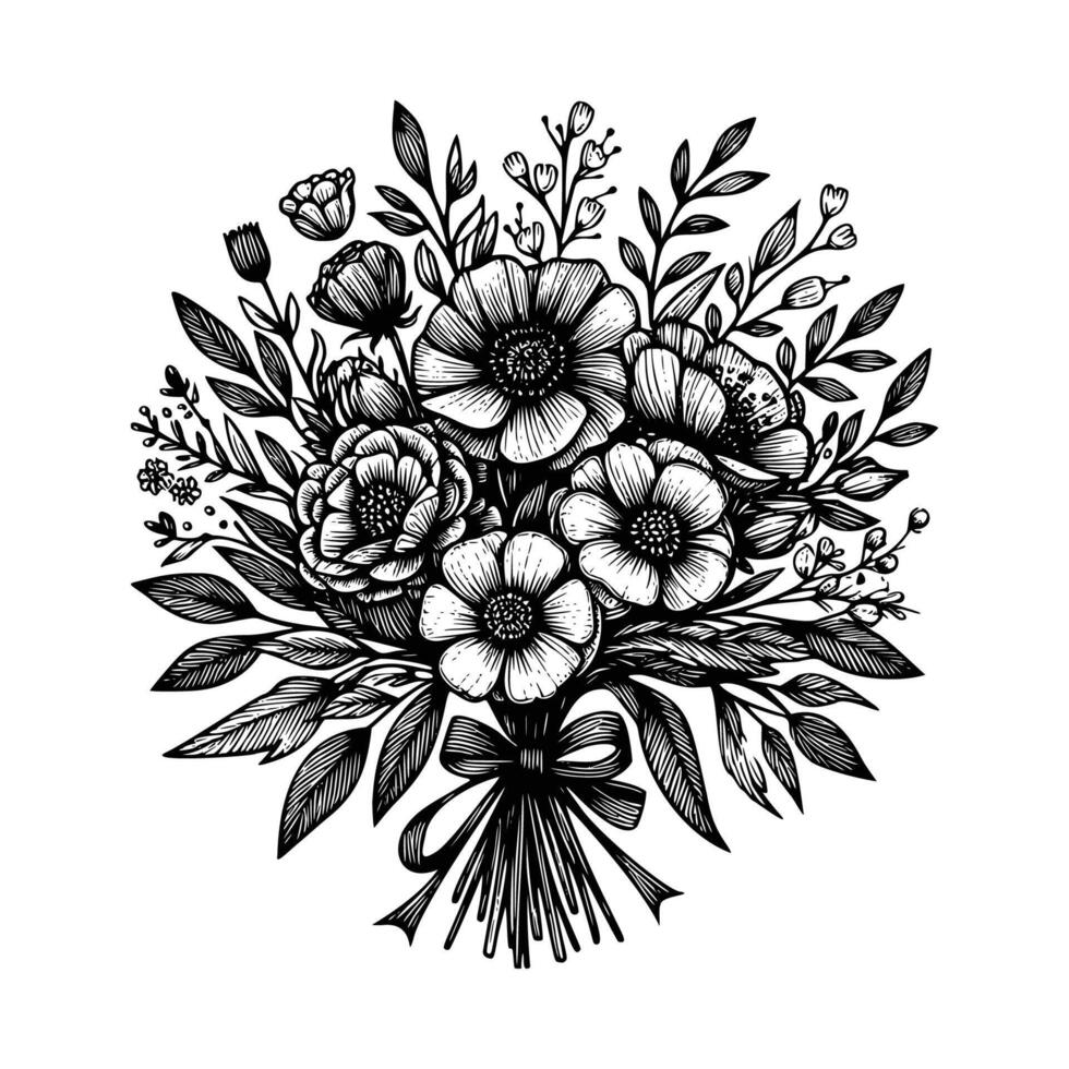 black and white flowers hand drawn vector illustration isolated white background