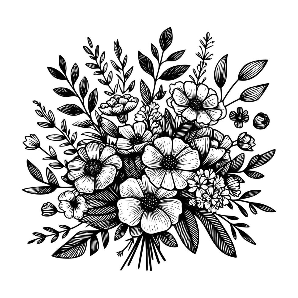 black and white flowers hand drawn vector illustration isolated white background