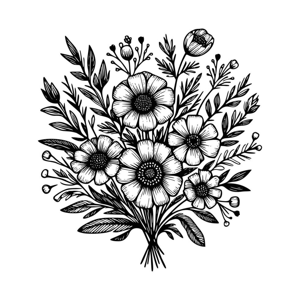 black and white flowers hand drawn vector illustration isolated white background