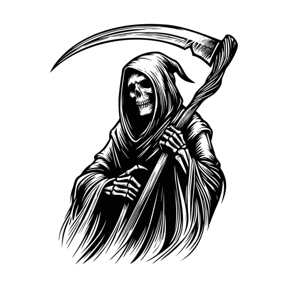 a black and white drawing of a grim reaper holding a scythe vector