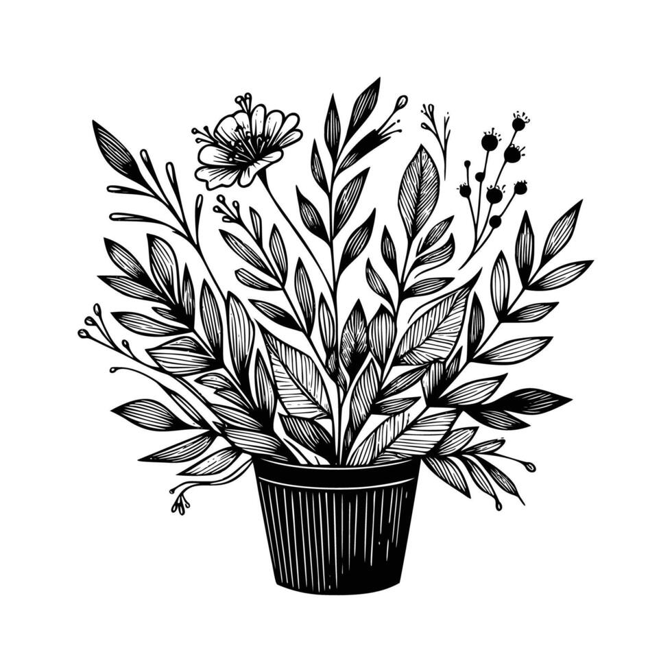 black and white flowers hand drawn vector illustration isolated white background