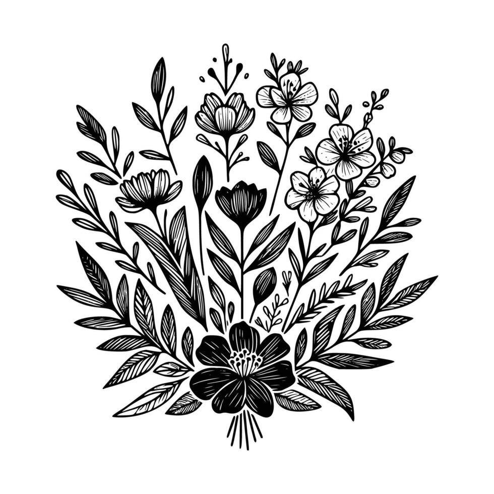 black and white flowers hand drawn vector illustration isolated white background