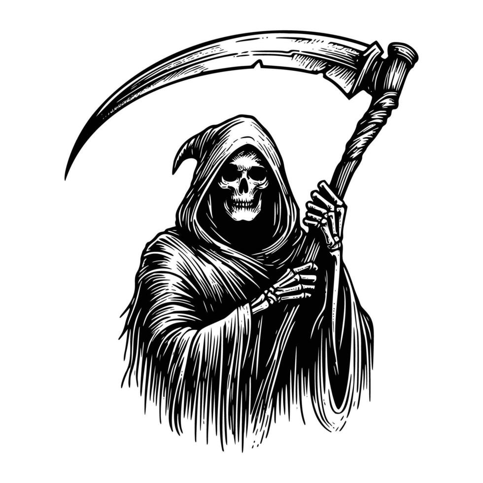 a black and white drawing of a grim reaper holding a scythe vector