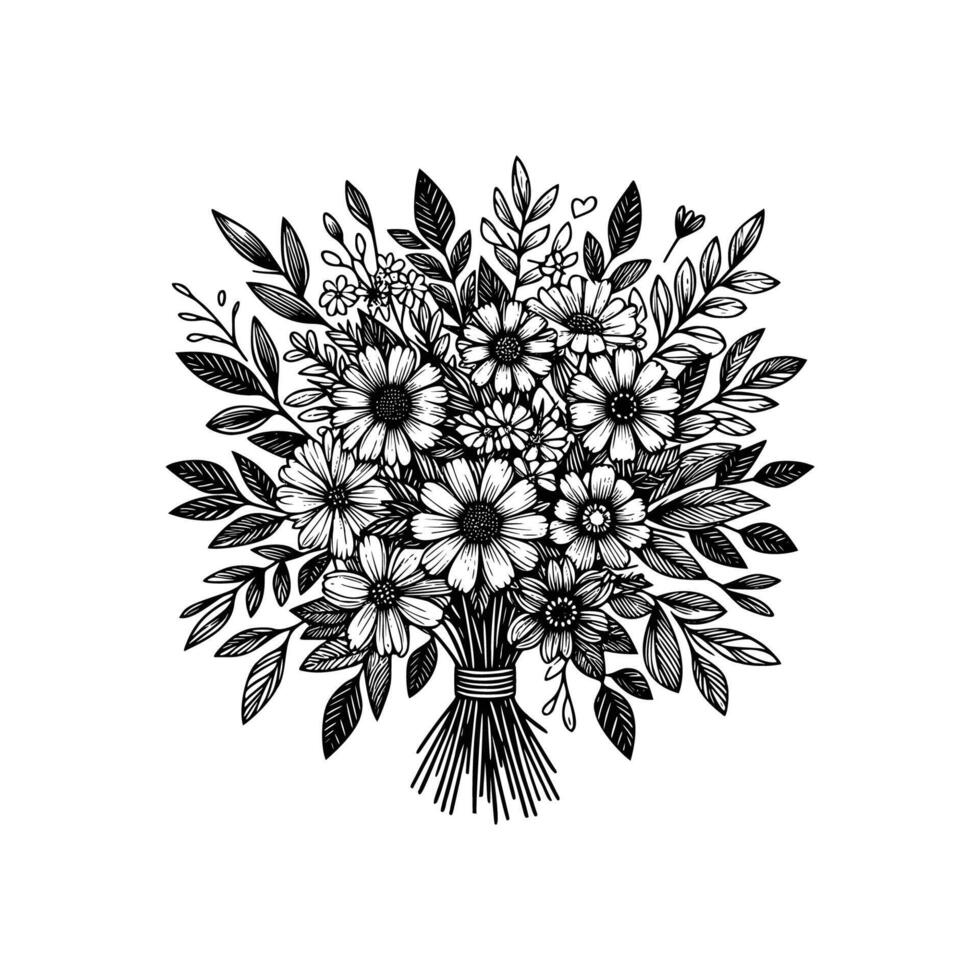 black and white flowers hand drawn vector illustration isolated white background