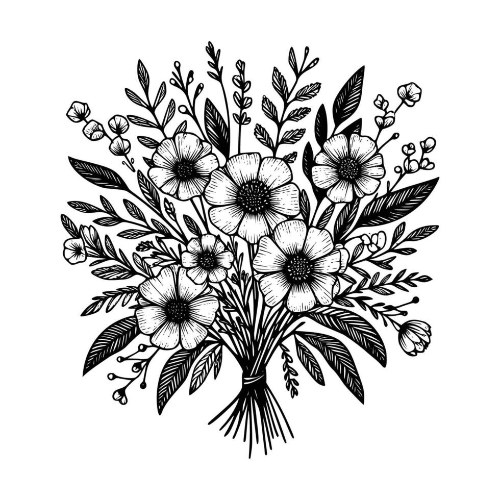 black and white flowers hand drawn vector illustration isolated white background