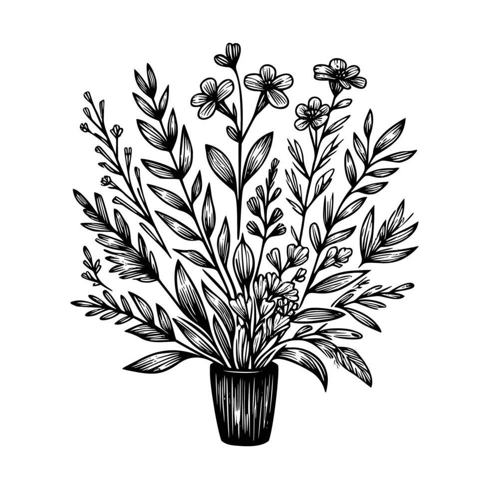 black and white flowers hand drawn vector illustration isolated white background