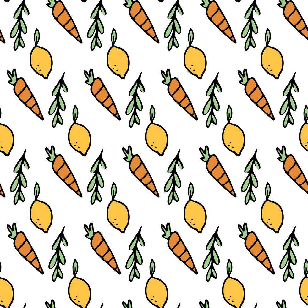 Orange carrots and lemon seamless pattern. Vector illustration