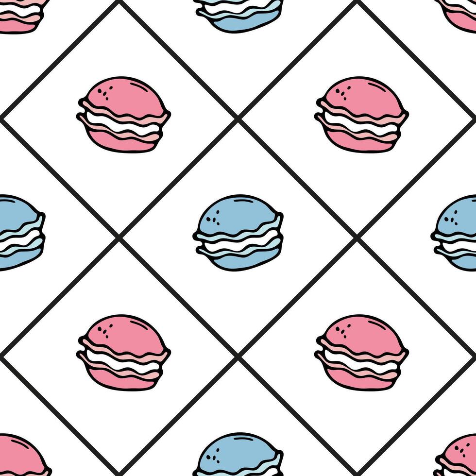 Colored macaroons vector seamless pattern in the style of doodles. Cartoon vector