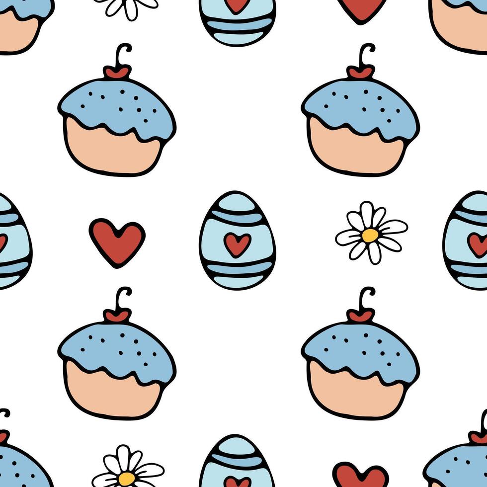 A seamless pattern with Easter cupcake, egg and heart vector