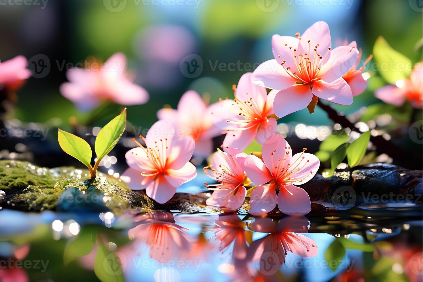 AI generated A sunny spring morning. flowers on a branch covered with dew photo