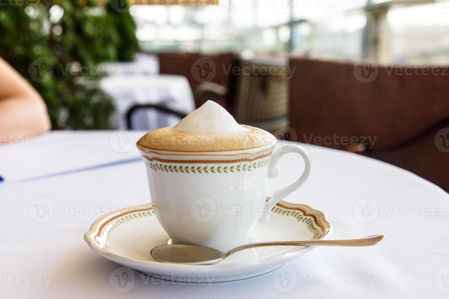 Sasha capuchino soportes en un platillo con cuchara. foto