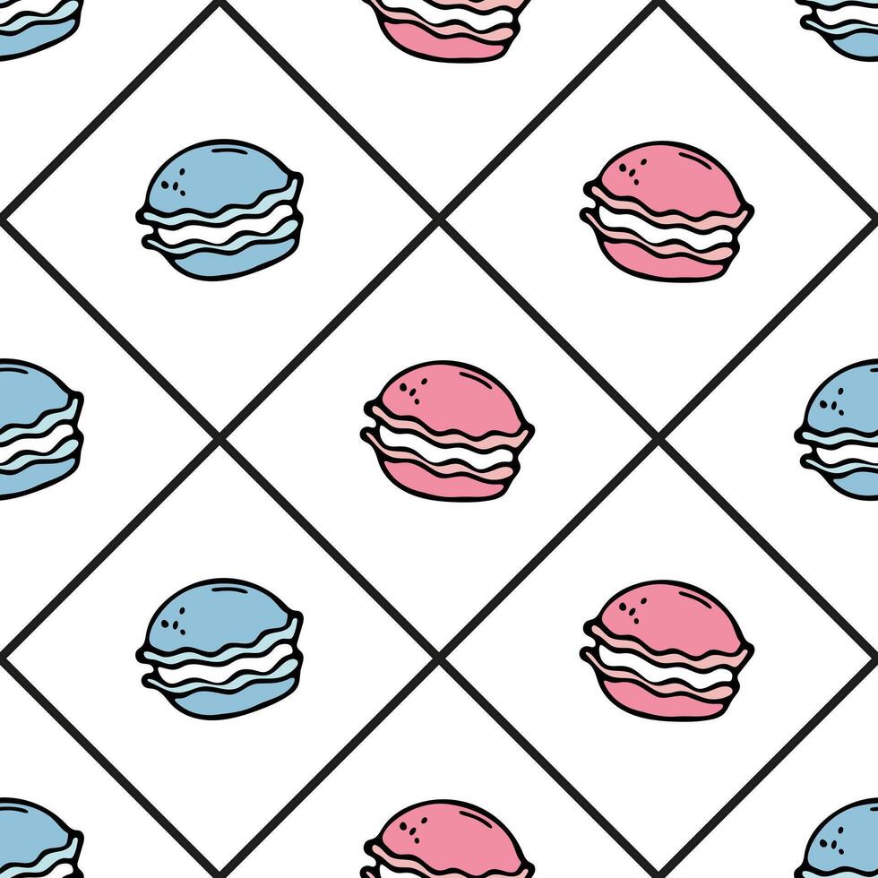 Seamless pattern with blue and pink macarons. Doodle cartoon vector