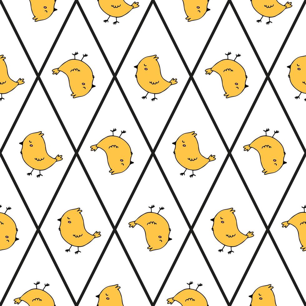 Repeating pattern of cute yellow chickens in vector format