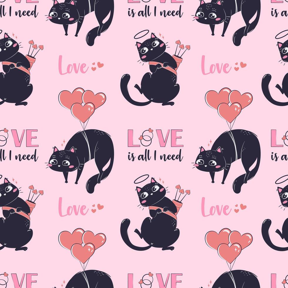 Template printed seamless pattern with black funny cat for Valentine's day isolated. Colorful love wrapping paper. vector