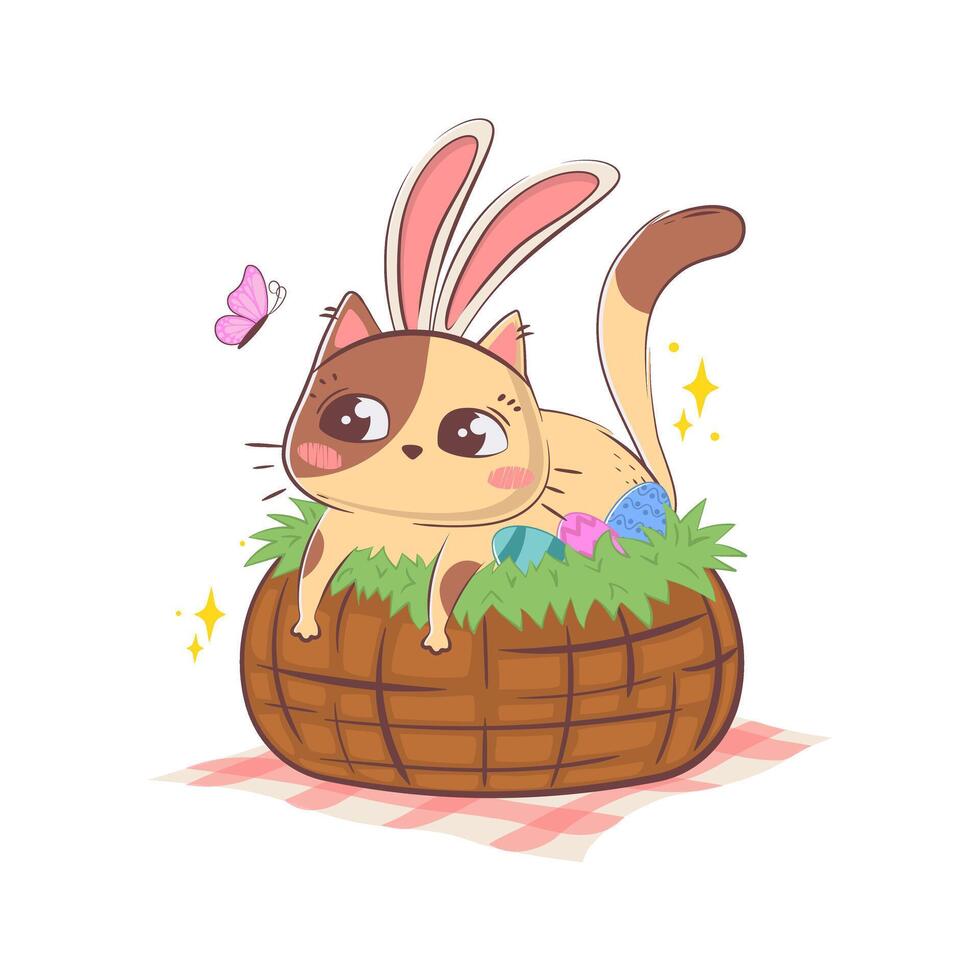 Cute cartoon cat with bunny ears peeking out of an Easter basket with eggs isolated on a white background in doodle style vector