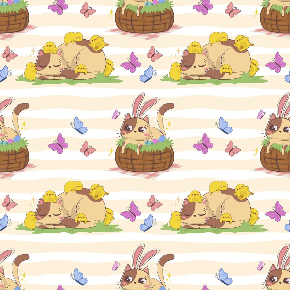 Seamless pattern with cartoon Easter cat with bunny ears and chickens isolated on pastel background. vector