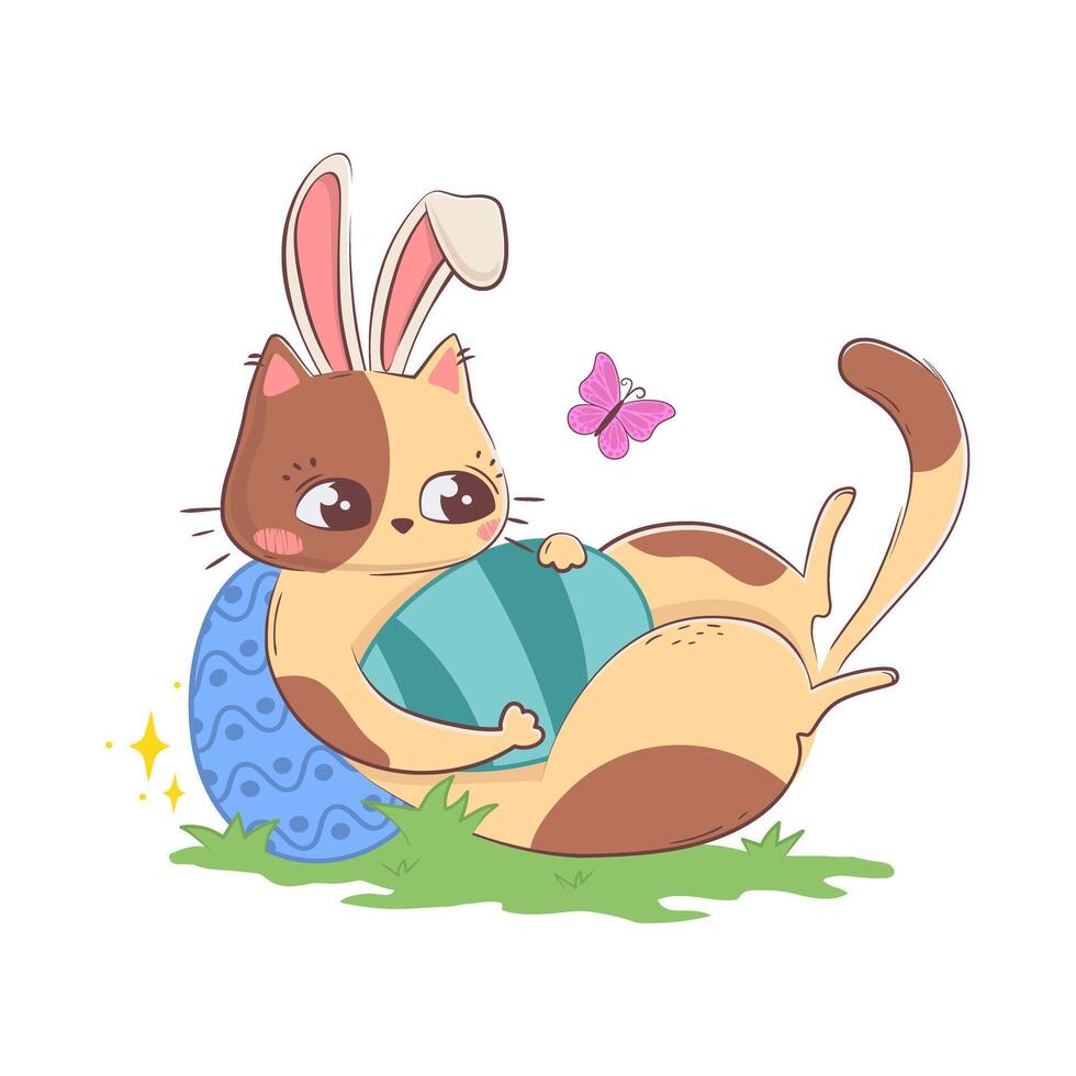 Cute cartoon cat with bunny ears lying on his back and playing with an Easter egg isolated on a white background in doodle style. vector