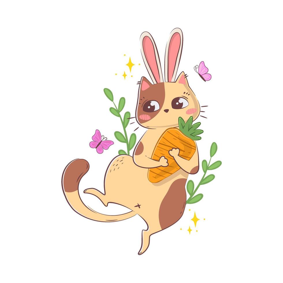 Cute cartoon cat with bunny ears lying on his back and holding a carrot isolated on a white background in doodle style. vector