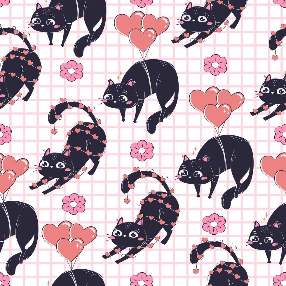 Template printed seamless pattern with black funny cat for Valentine's day isolated. Colorful love wrapping paper. vector