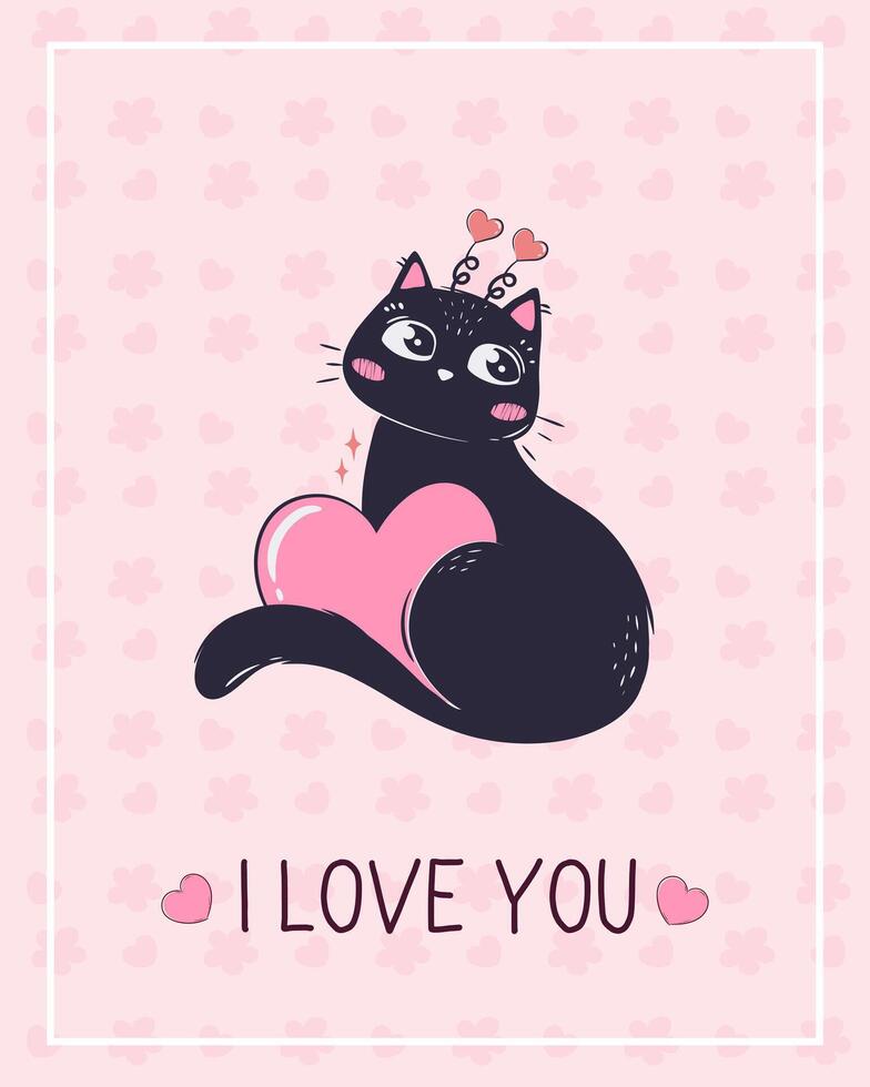 Printable cute valentine's day card template with black cat. Inscription I love you vector