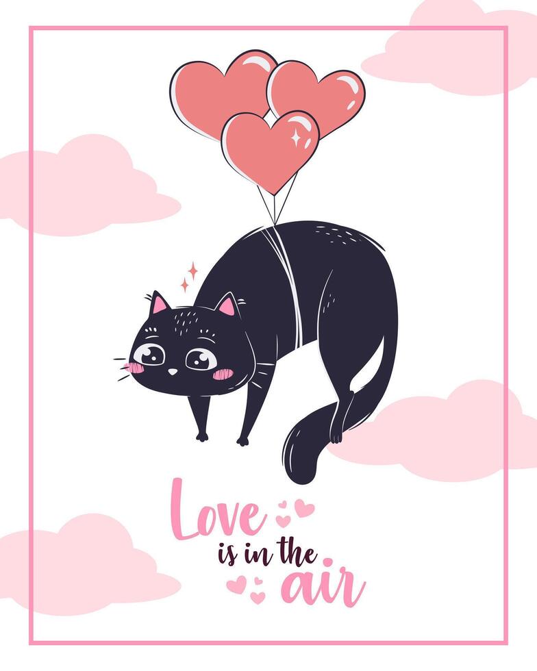 Printable cute valentine's day card template with black cat. The inscription love is in the air. vector