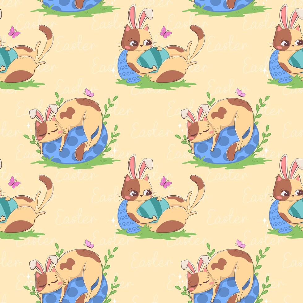Seamless pattern with cartoon cat with bunny ears and Easter eggs isolated on pastel background. vector