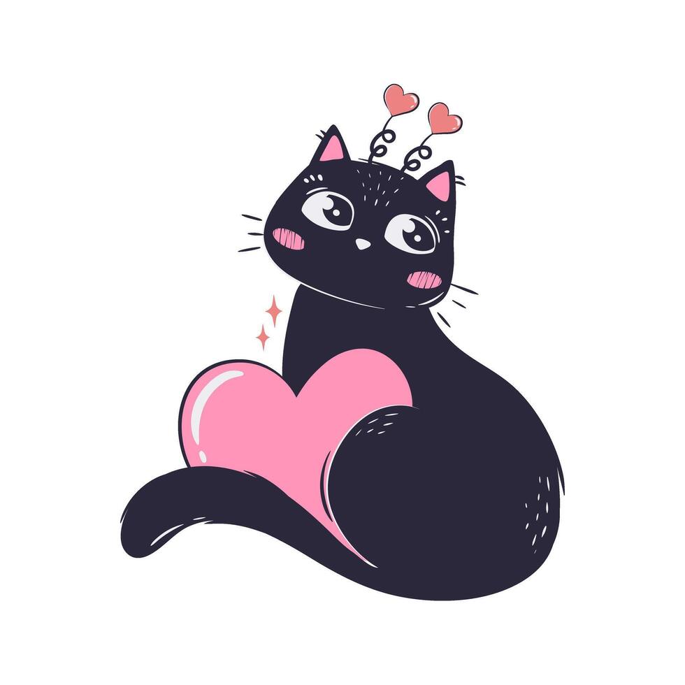 Simple cartoon flat cat in love hugs a big heart with its tail vector