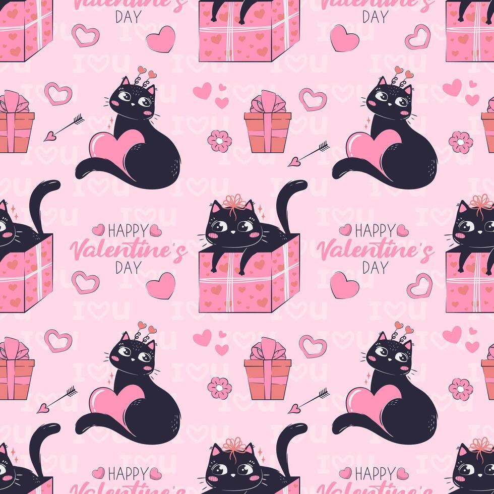 modelo impreso sin costura modelo con negro gracioso gato para San Valentín día aislado. vistoso amor envase papel. vector