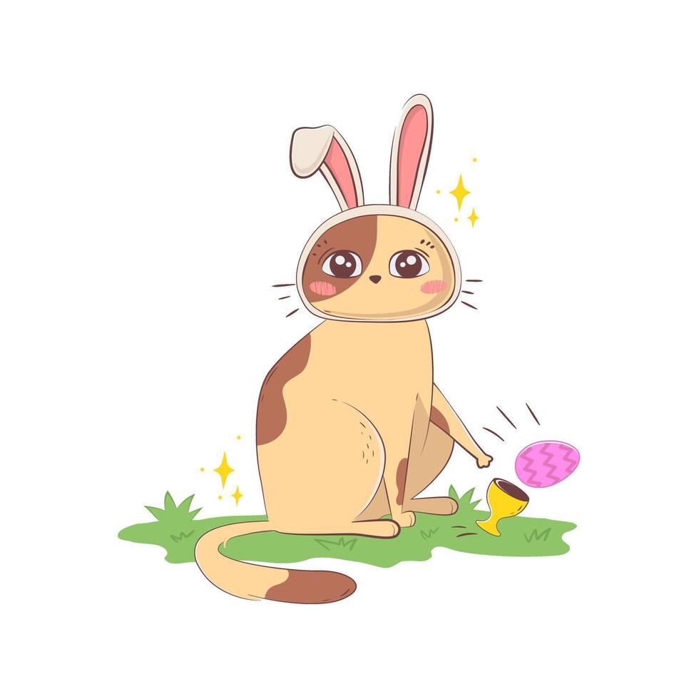 Cute cartoon cat with bunny ears brazenly knocks over an Easter egg holder isolated on a white background in doodle style. vector