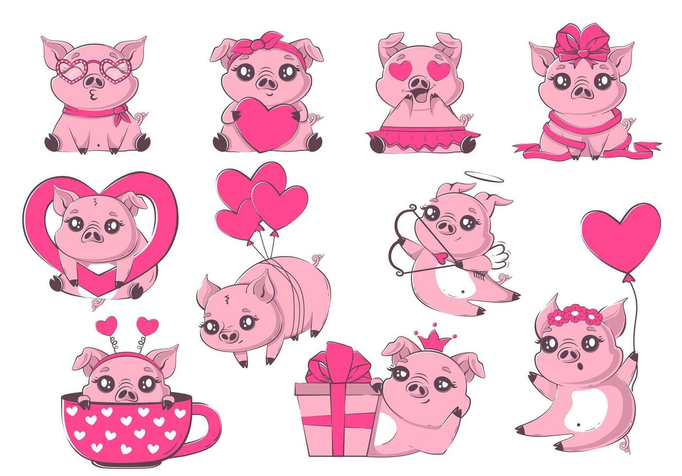 Set of cartoon kawaii pigs in love. Cute animals for Valentine's Day vector
