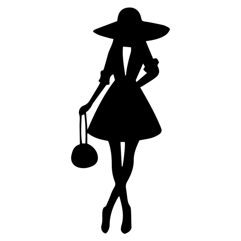 silueta de mujer vistiendo alto tacones y Paja sombrero, en pie actitud participación un bolsa, en un blanco antecedentes vector