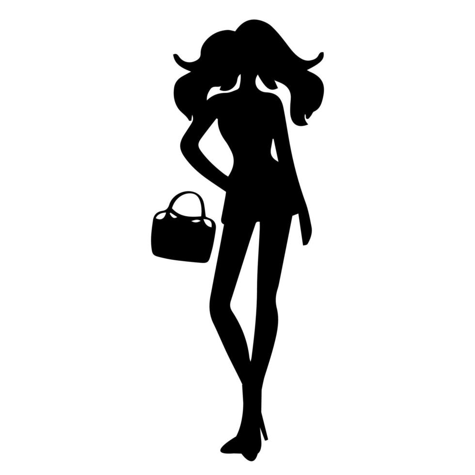 silueta de mujer vistiendo alto tacones , en pie actitud participación un bolsa, en un blanco antecedentes vector