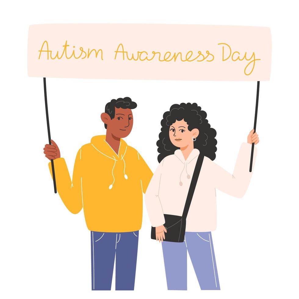 Group of people standing together with posters and symbols of Autism Awareness Day vector